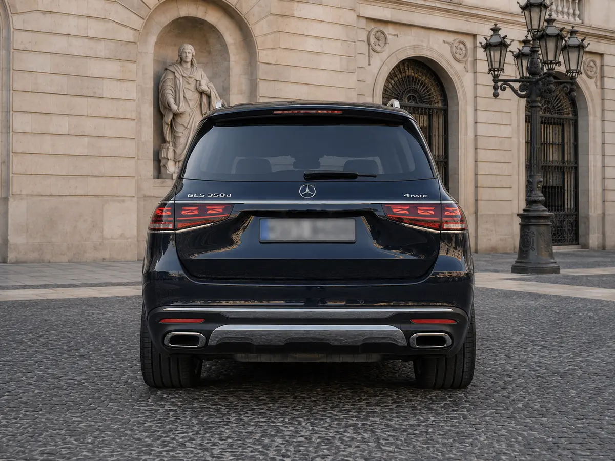 Mercedes Benz GLS-klasse 350 D Exclusive 7 Posti 2025, rear view — Lisbon Luxury Car Rental, Lisbon. The Mercedes-Benz GLS 350d Exclusive brings genuine seven-seat capacity to a segment…