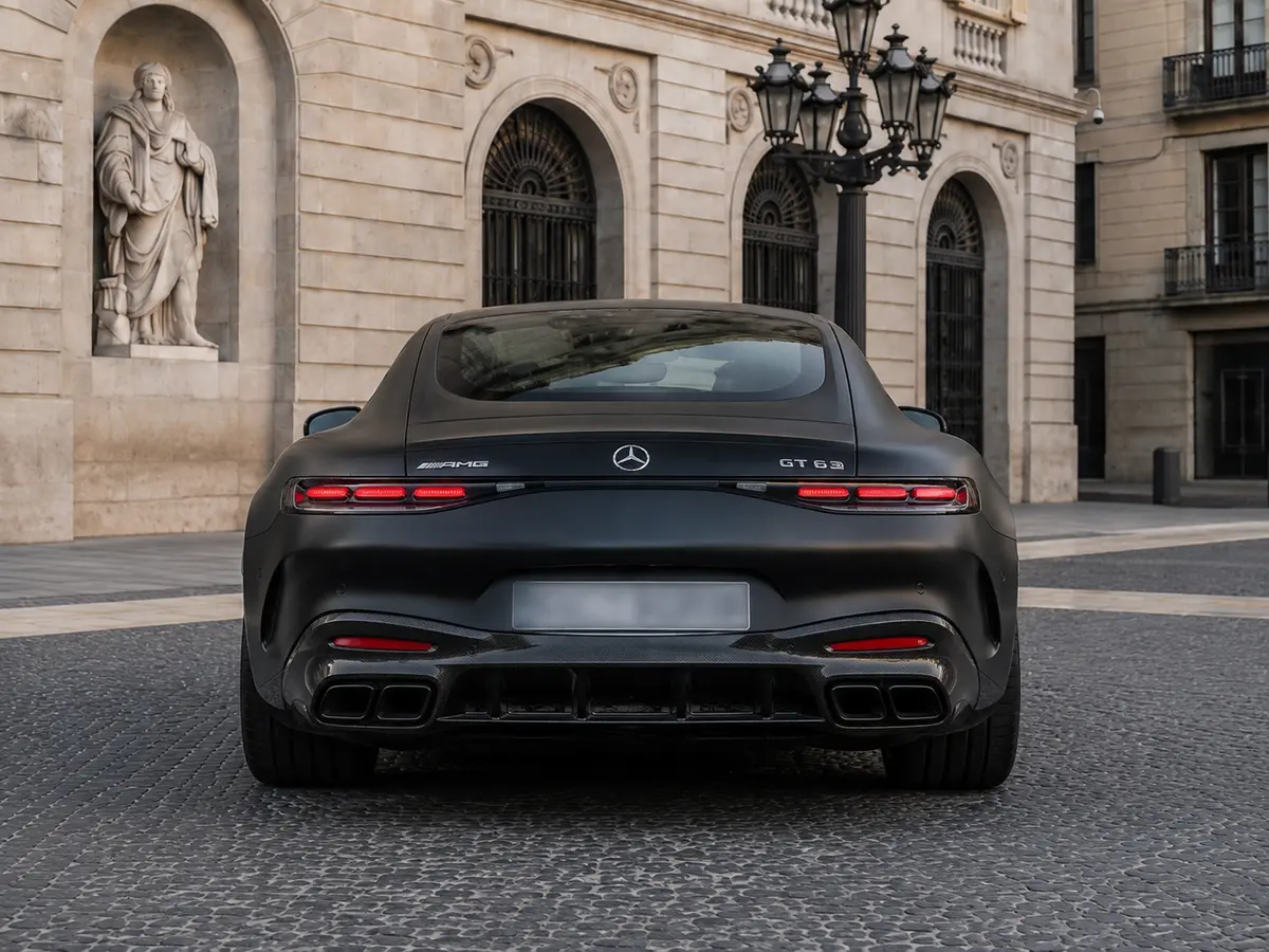 Mercedes Benz GT63 AMG Coupe 2024, rear view — Lisbon Luxury Car Rental, Lisbon. The Mercedes-AMG GT63 Coupe pairs a 577 hp drivetrain with a low, two-seat cockpit built…