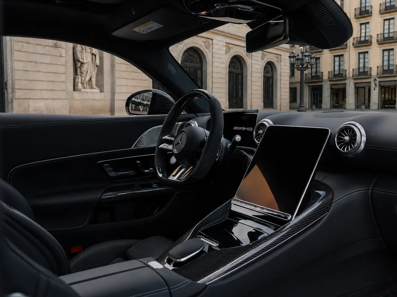 Mercedes Benz GT63 AMG Coupe 2024, interior — Lisbon Luxury Car Rental, Lisbon. The Mercedes-AMG GT63 Coupe pairs a 577 hp drivetrain with a low, two-seat cockpit built…