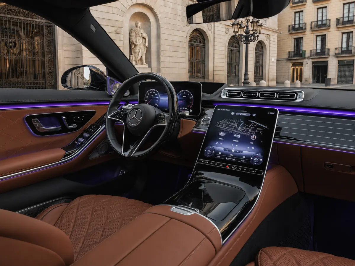 Mercedes Benz S-klasse S400 Long 4-Matic 2023, interior — Lisbon Luxury Car Rental, Lisbon. The S400 Long 4-Matic is the long-wheelbase version of Mercedes-Benz's flagship sedan,…