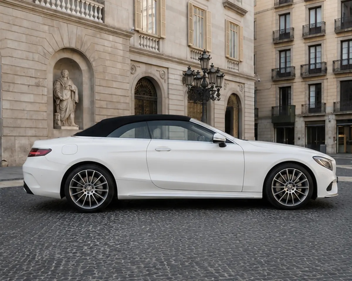 Mercedes Benz S560 Cabrio 2021, front view — Lisbon Luxury Car Rental, Lisbon. The 2021 Mercedes Benz S560 Cabrio pairs a 469 hp V8 with the weight and composure of…