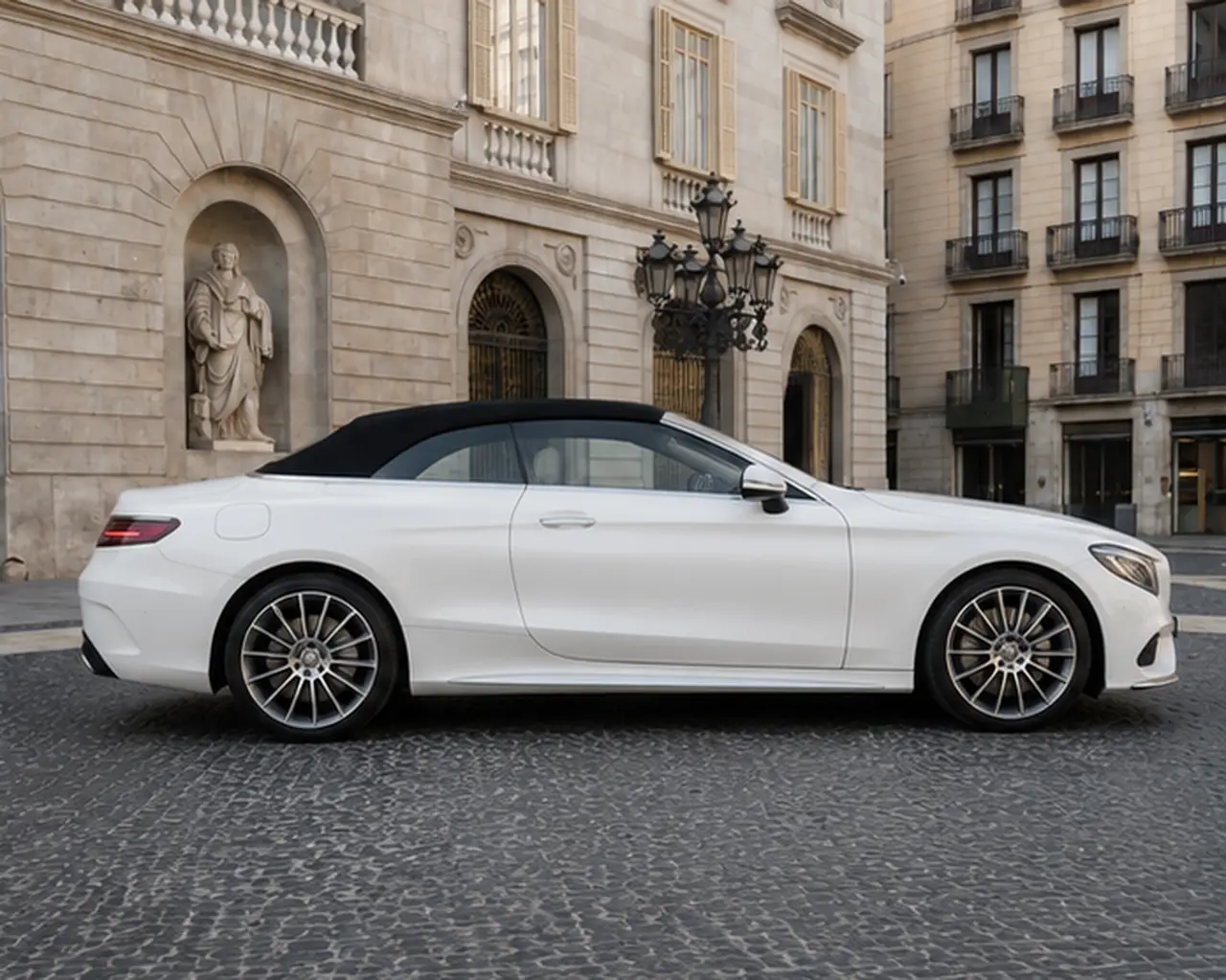 Mercedes Benz S560 Cabrio 2021, front view — Lisbon Luxury Car Rental, Lisbon. The 2021 Mercedes Benz S560 Cabrio pairs a 469 hp V8 with the weight and composure of…
