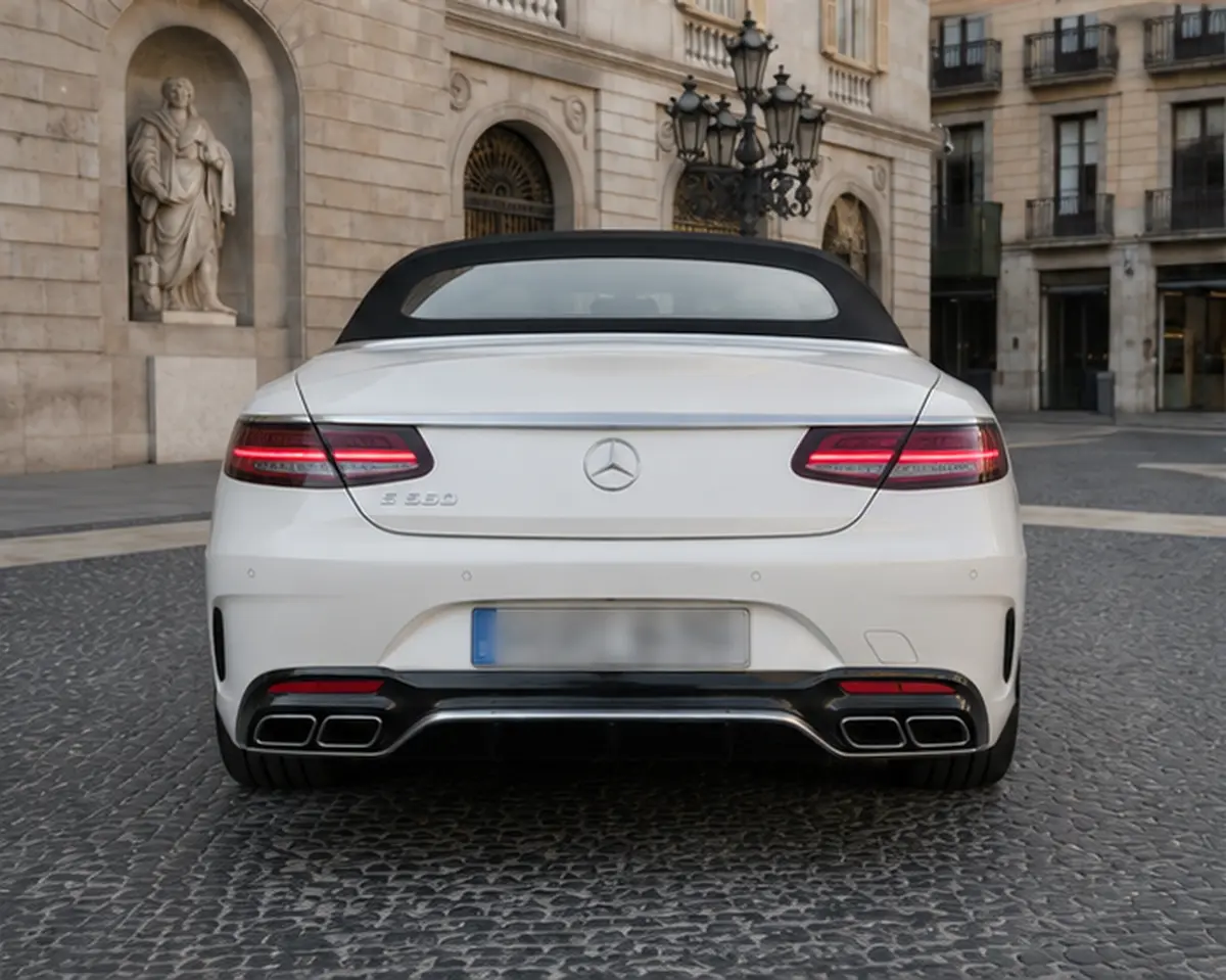 Mercedes Benz S560 Cabrio 2021, rear view — Lisbon Luxury Car Rental, Lisbon. The 2021 Mercedes Benz S560 Cabrio pairs a 469 hp V8 with the weight and composure of…