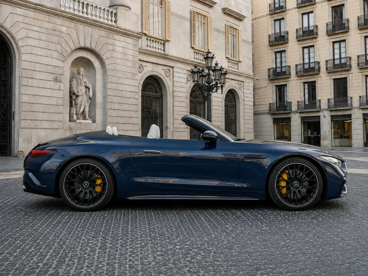 Mercedes Benz SL 63 AMG 2025, front view — Lisbon Luxury Car Rental, Lisbon. The 2025 Mercedes Benz SL 63 AMG pairs a 585 hp engine with four seats, a configuration…