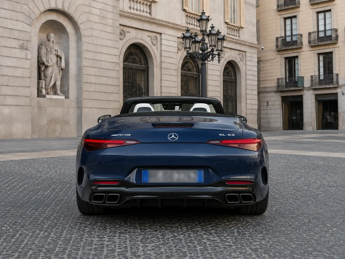 Mercedes Benz SL 63 AMG 2025, rear view — Lisbon Luxury Car Rental, Lisbon. The 2025 Mercedes Benz SL 63 AMG pairs a 585 hp engine with four seats, a configuration…