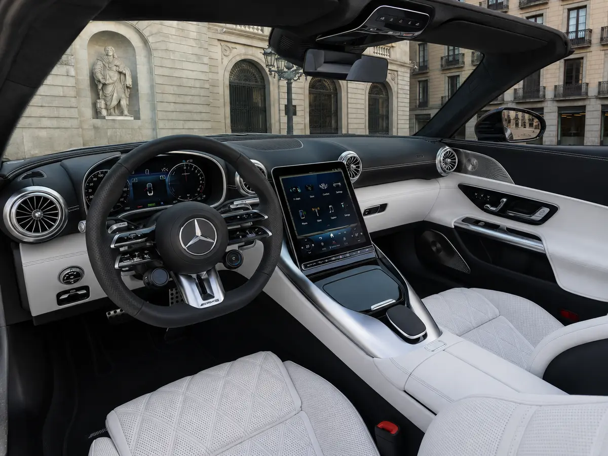 Mercedes Benz SL 63 AMG 2025, interior — Lisbon Luxury Car Rental, Lisbon. The 2025 Mercedes Benz SL 63 AMG pairs a 585 hp engine with four seats, a configuration…