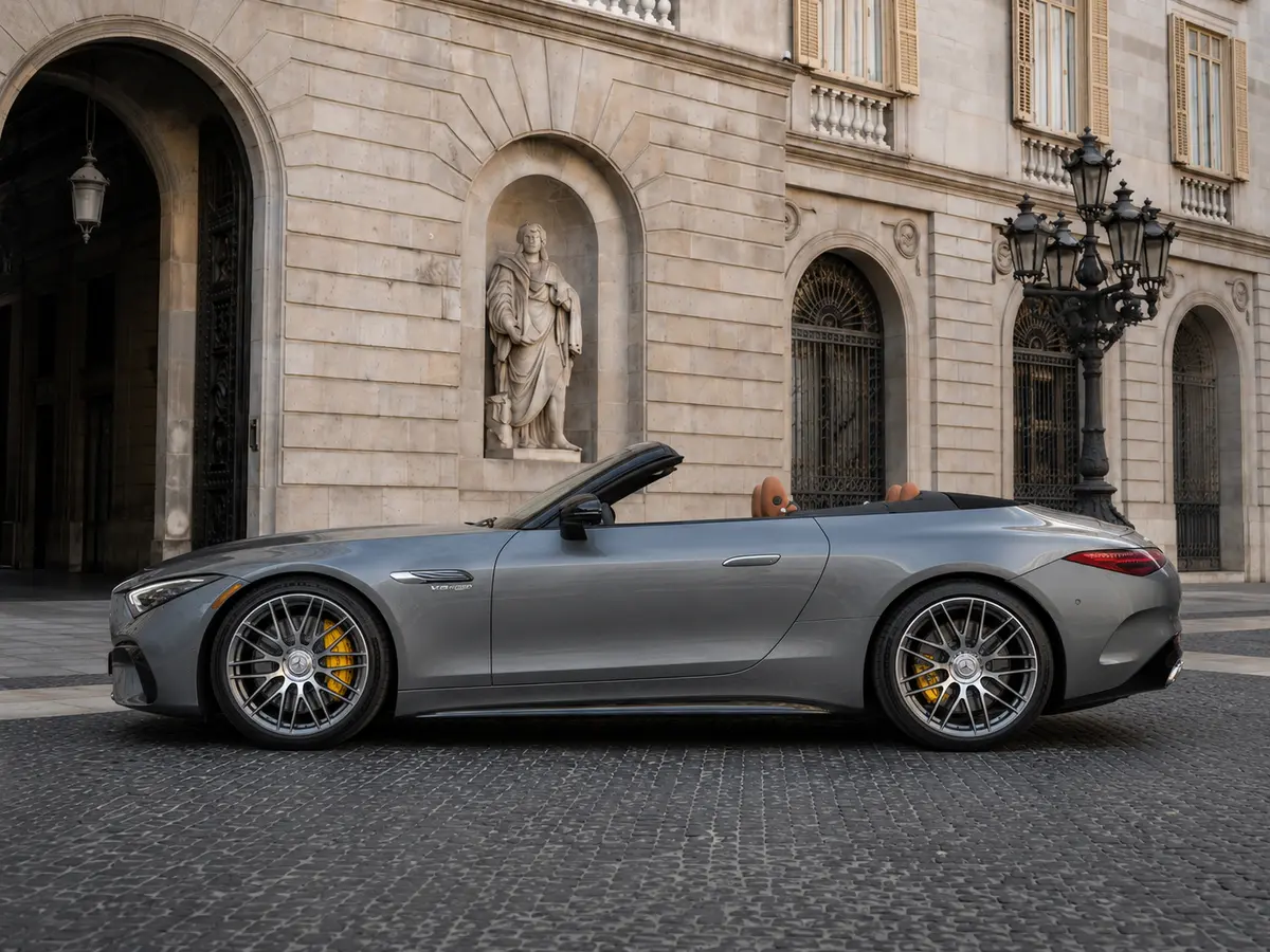 Mercedes Benz SL63 Cabrio 2023, exterior — Lisbon Luxury Car Rental, Lisbon. The Mercedes Benz SL63 Cabrio pairs a 585 hp V8 with the folding roof and four-seat cabin…