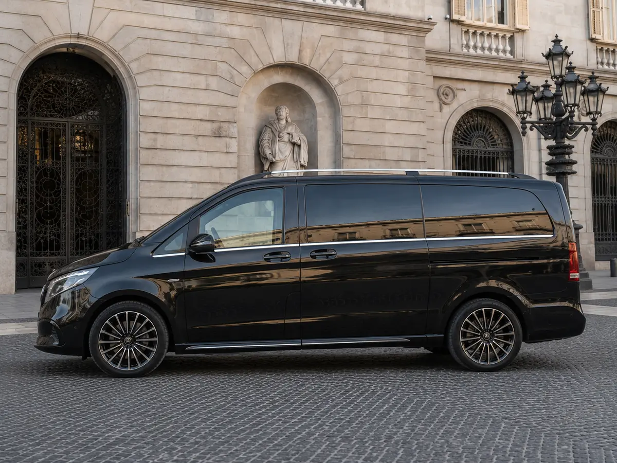Mercedes Benz V300 4x4 XL Exclusive 7 seats 2025, exterior — Lisbon Luxury Car Rental, Lisbon. The Mercedes Benz V300 4x4 XL Exclusive is built for groups who need real space without…