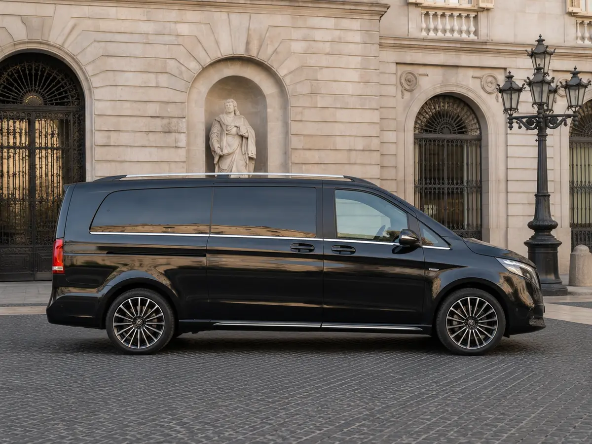 Mercedes Benz V300 4x4 XL Exclusive 7 seats 2025, front view — Lisbon Luxury Car Rental, Lisbon. The Mercedes Benz V300 4x4 XL Exclusive is built for groups who need real space without…