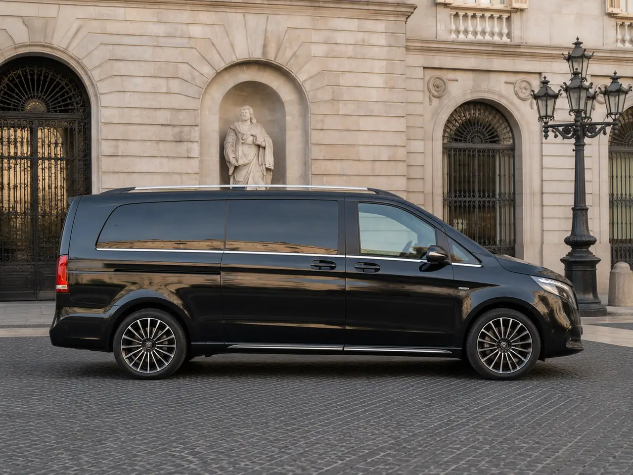Mercedes Benz V300 4x4 XL Exclusive 7 seats 2025, front view — Lisbon Luxury Car Rental, Lisbon. The Mercedes Benz V300 4x4 XL Exclusive is built for groups who need real space without…
