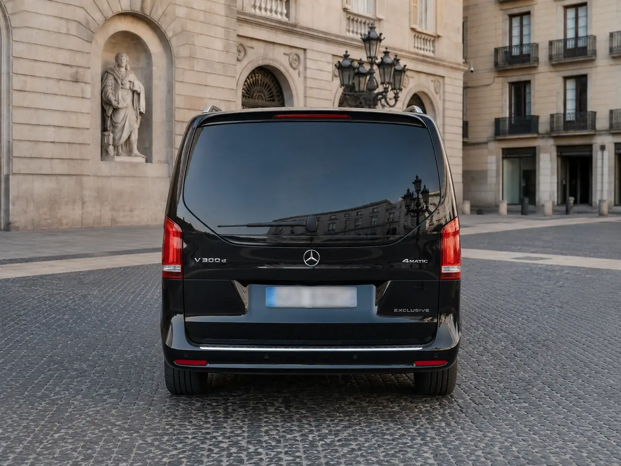 Mercedes Benz V300 4x4 XL Exclusive 7 seats 2025, rear view — Lisbon Luxury Car Rental, Lisbon. The Mercedes Benz V300 4x4 XL Exclusive is built for groups who need real space without…