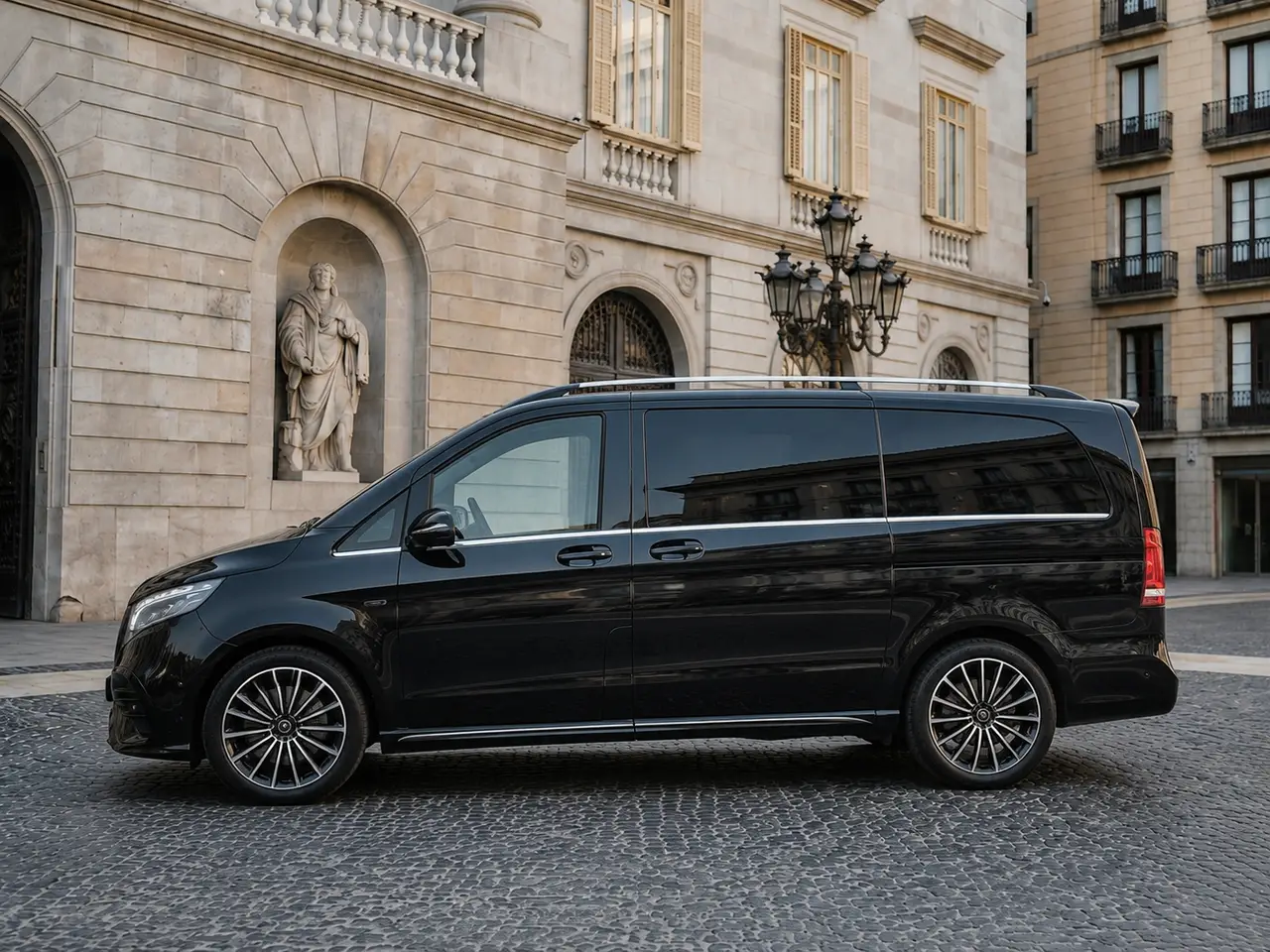 Mercedes Benz V300 4x4 XL VIP (Captain, 7 seat) 2025, exterior — Lisbon Luxury Car Rental, Lisbon. The 2025 Mercedes Benz V300 4x4 XL VIP is built around calm, upright comfort rather than…