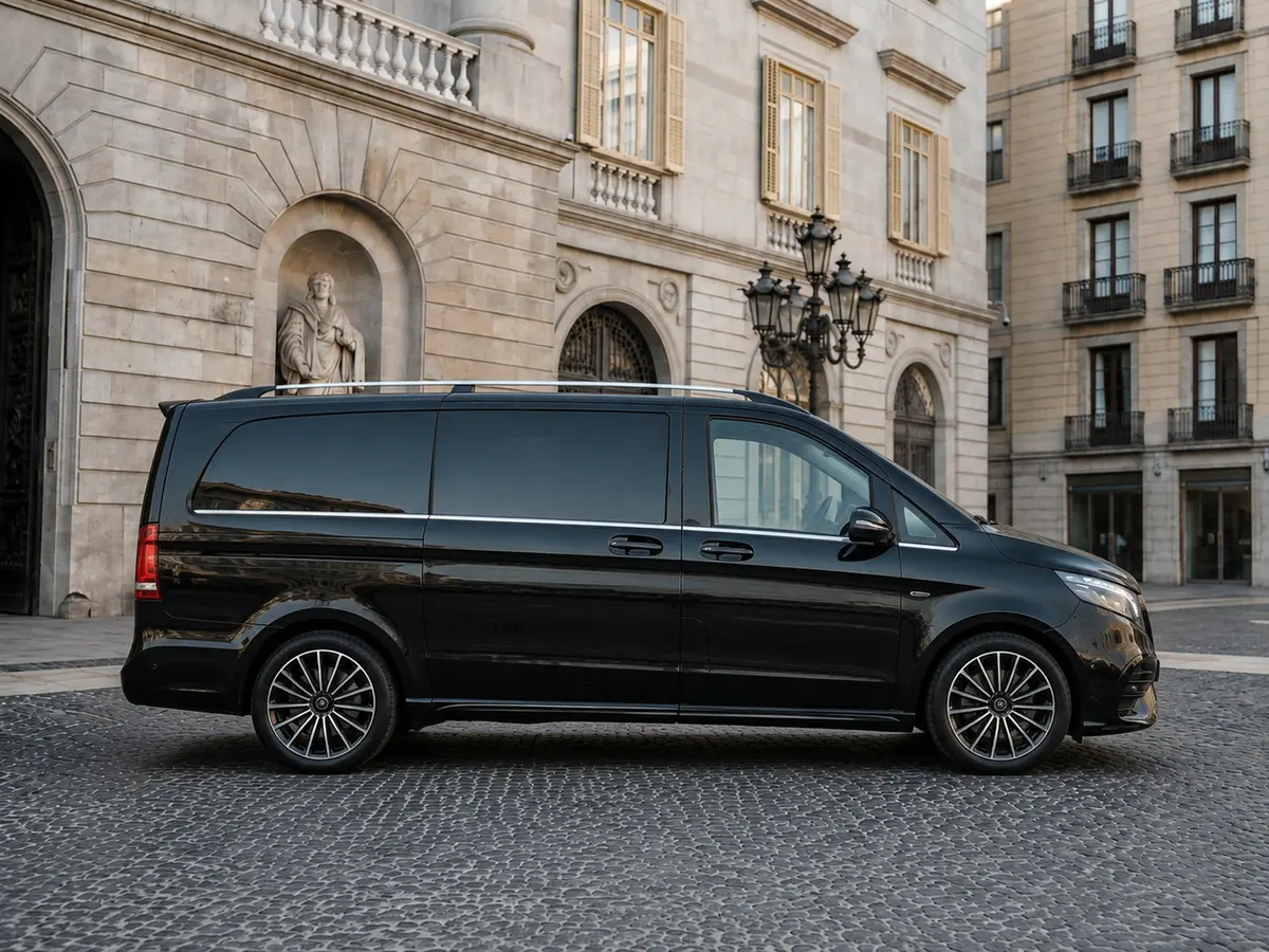 Mercedes Benz V300 4x4 XL VIP (Captain, 7 seat) 2025, front view — Lisbon Luxury Car Rental, Lisbon. The 2025 Mercedes Benz V300 4x4 XL VIP is built around calm, upright comfort rather than…