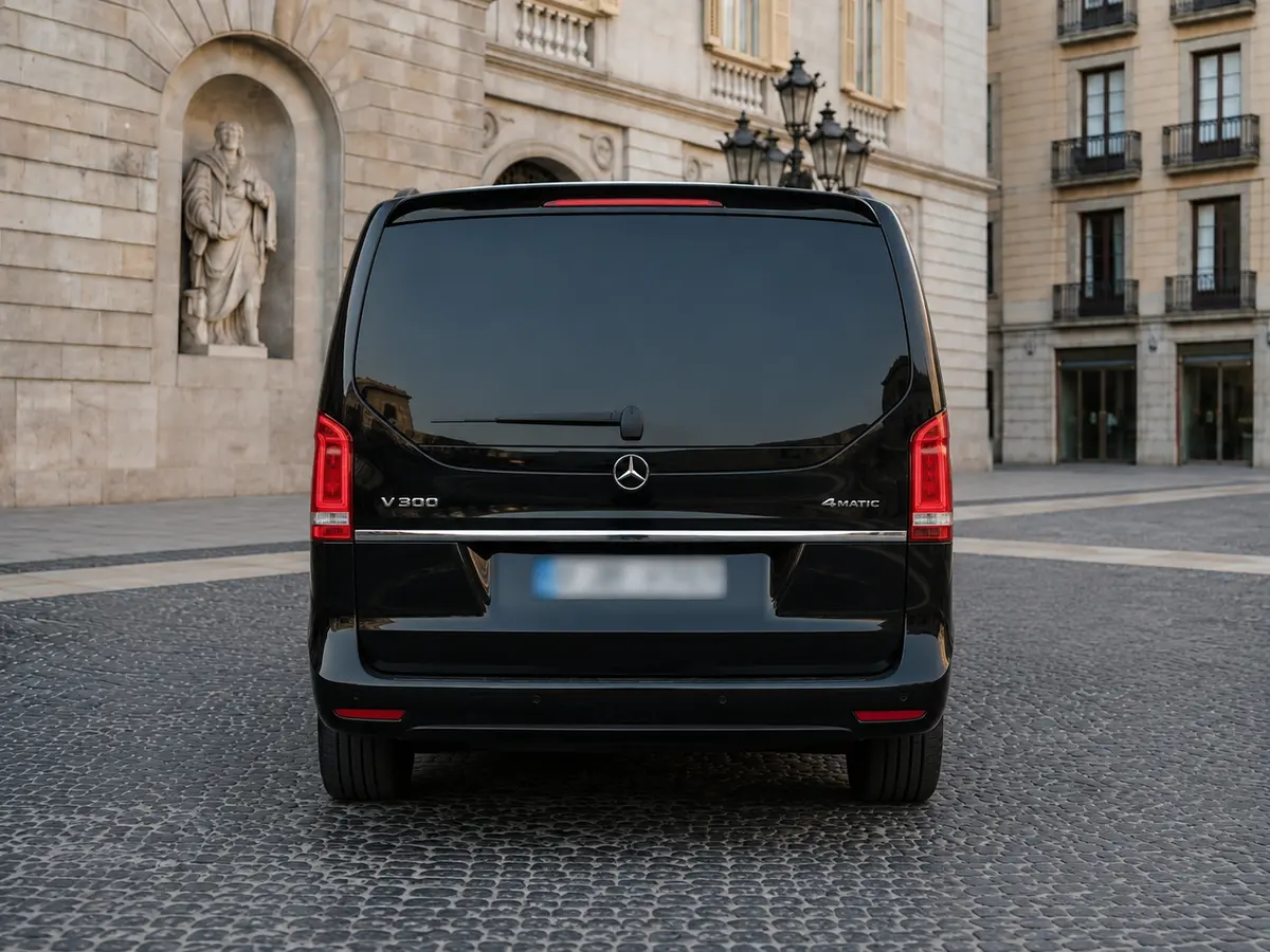 Mercedes Benz V300 4x4 XL VIP (Captain, 7 seat) 2025, rear view — Lisbon Luxury Car Rental, Lisbon. The 2025 Mercedes Benz V300 4x4 XL VIP is built around calm, upright comfort rather than…
