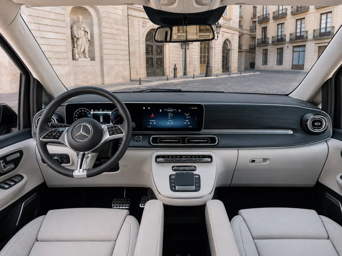 Mercedes Benz V300 4x4 XL VIP (Captain, 7 seat) 2025, interior — Lisbon Luxury Car Rental, Lisbon. The 2025 Mercedes Benz V300 4x4 XL VIP is built around calm, upright comfort rather than…