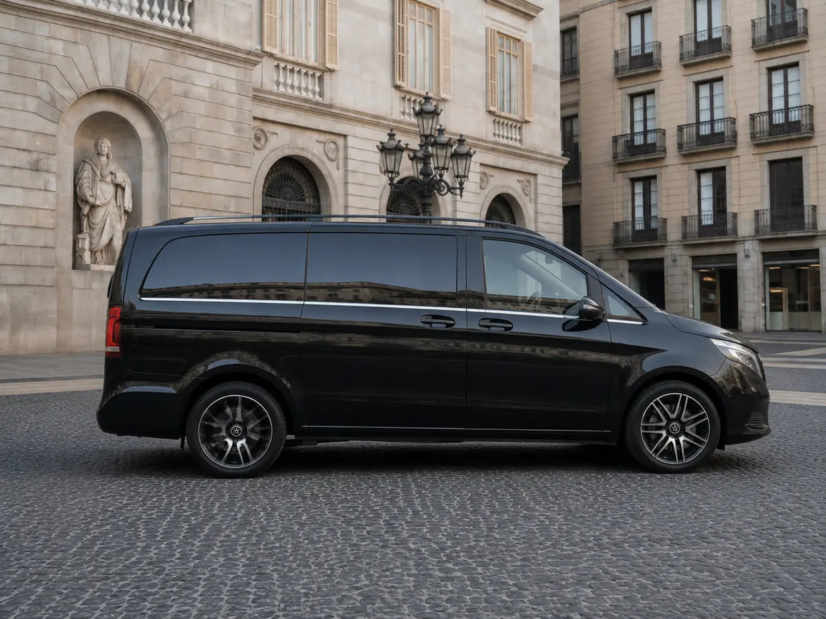 Mercedes Benz V300 8 seats 2025, front view — Lisbon Luxury Car Rental, Lisbon. The Mercedes Benz V300, built for 2025, carries eight passengers with the kind of…