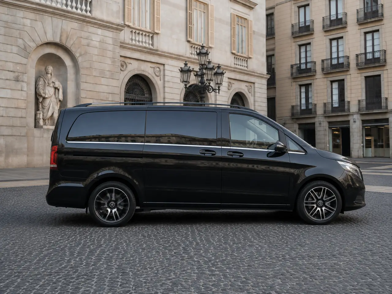 Mercedes Benz V300 8 seats 2025, front view — Lisbon Luxury Car Rental, Lisbon. The Mercedes Benz V300, built for 2025, carries eight passengers with the kind of…