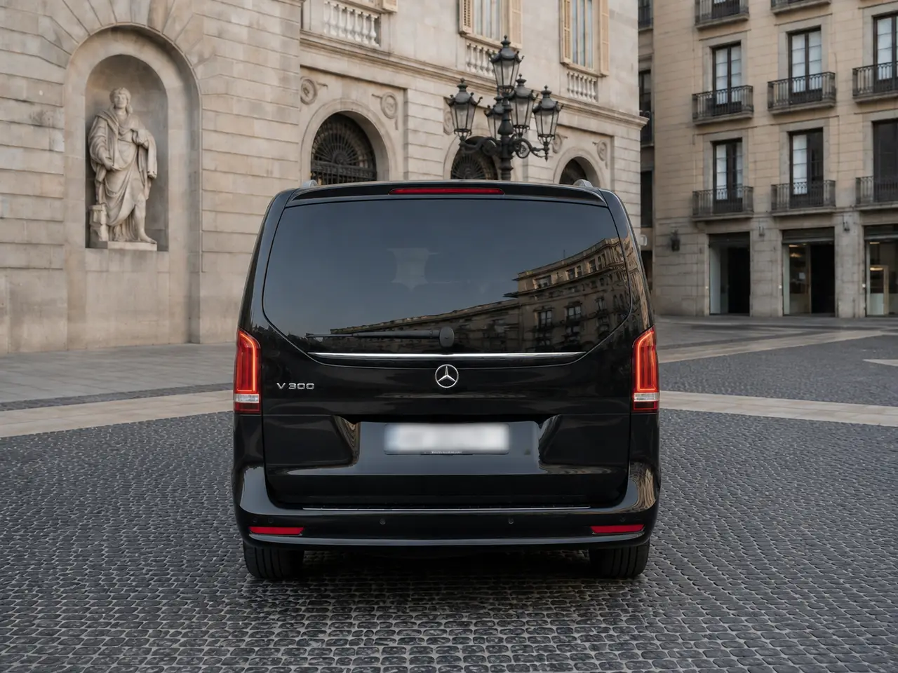 Mercedes Benz V300 8 seats 2025, rear view — Lisbon Luxury Car Rental, Lisbon. The Mercedes Benz V300, built for 2025, carries eight passengers with the kind of…