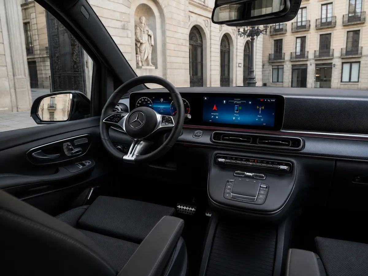 Mercedes Benz V300 8 seats 2025, interior — Lisbon Luxury Car Rental, Lisbon. The Mercedes Benz V300, built for 2025, carries eight passengers with the kind of…