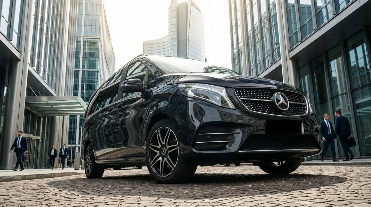 Mercedes V Class 2026, exterior — Lisbon Luxury Car Rental, Lisbon. The 2026 Mercedes Benz V Class is built around space rather than speed. With eight seats…