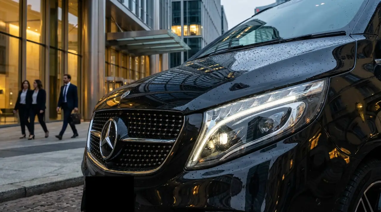 Mercedes V Class 2026, front view — Lisbon Luxury Car Rental, Lisbon. The 2026 Mercedes Benz V Class is built around space rather than speed. With eight seats…