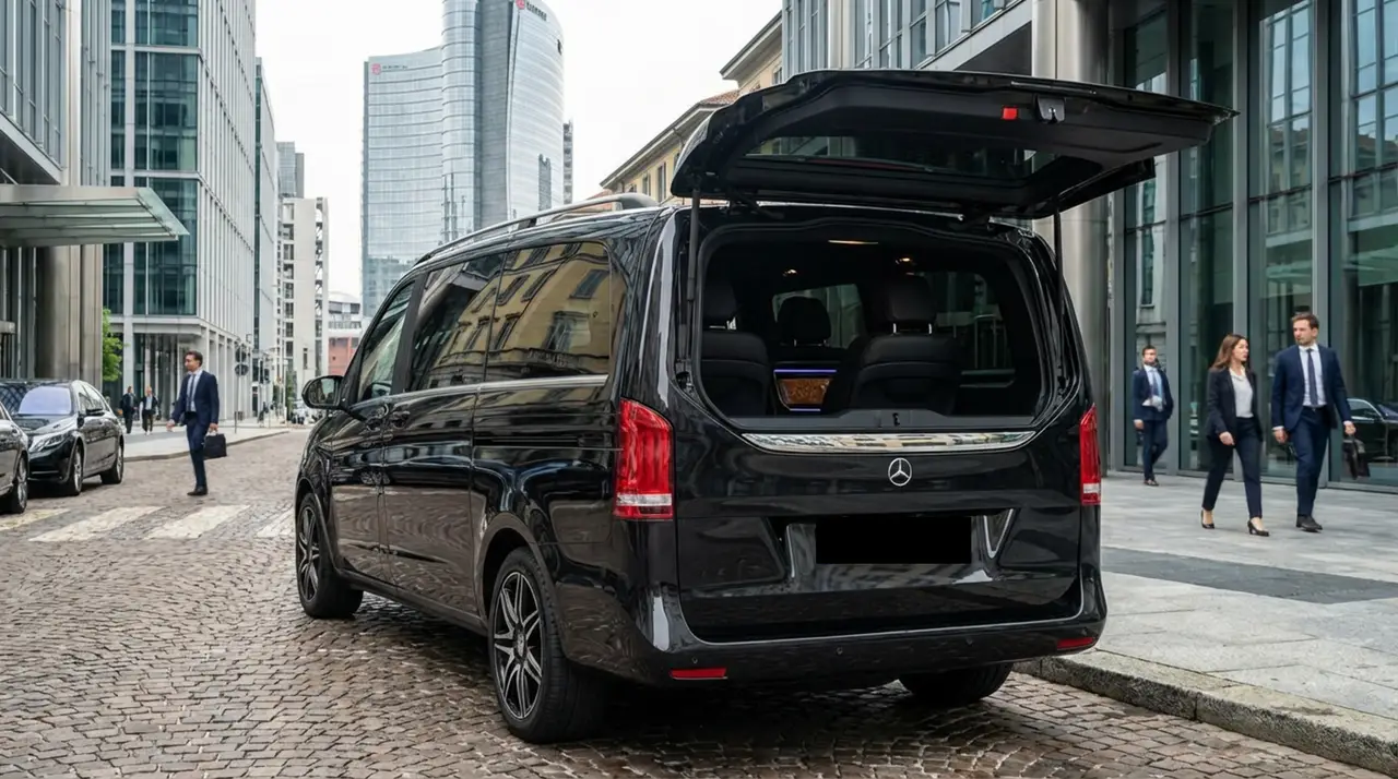Mercedes V Class 2026, rear view — Lisbon Luxury Car Rental, Lisbon. The 2026 Mercedes Benz V Class is built around space rather than speed. With eight seats…