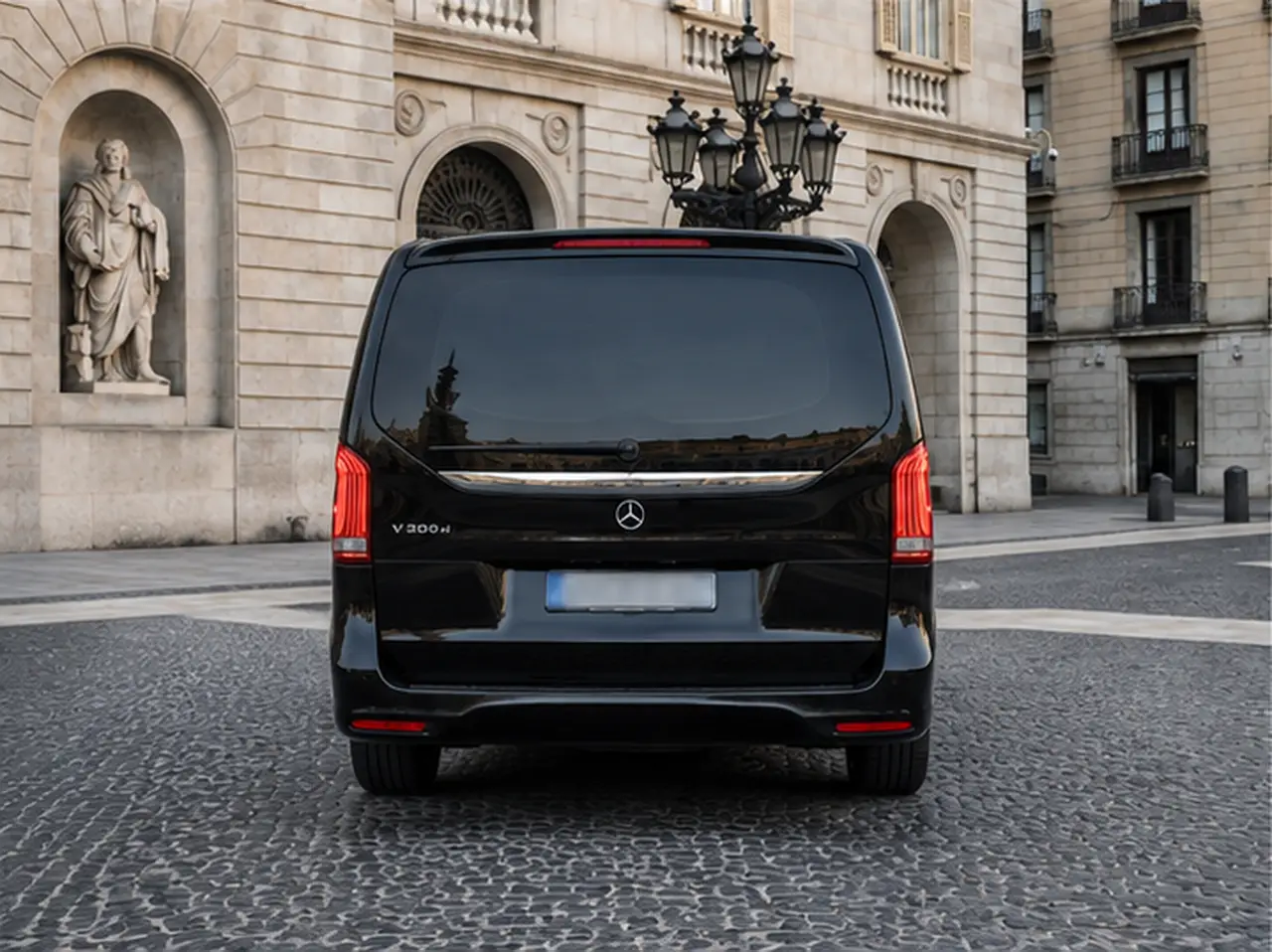 Mercedes V Class 2026, rear view — Lisbon Luxury Car Rental, Lisbon. The 2026 Mercedes Benz V Class is built around space rather than speed. With eight seats…