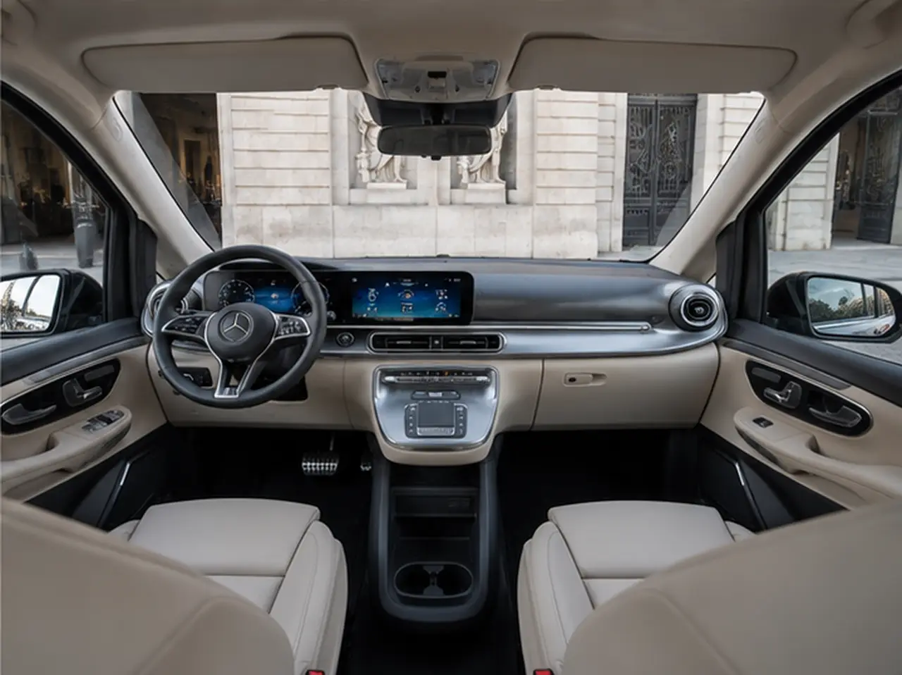 Mercedes V Class 2026, interior — Lisbon Luxury Car Rental, Lisbon. The 2026 Mercedes Benz V Class is built around space rather than speed. With eight seats…