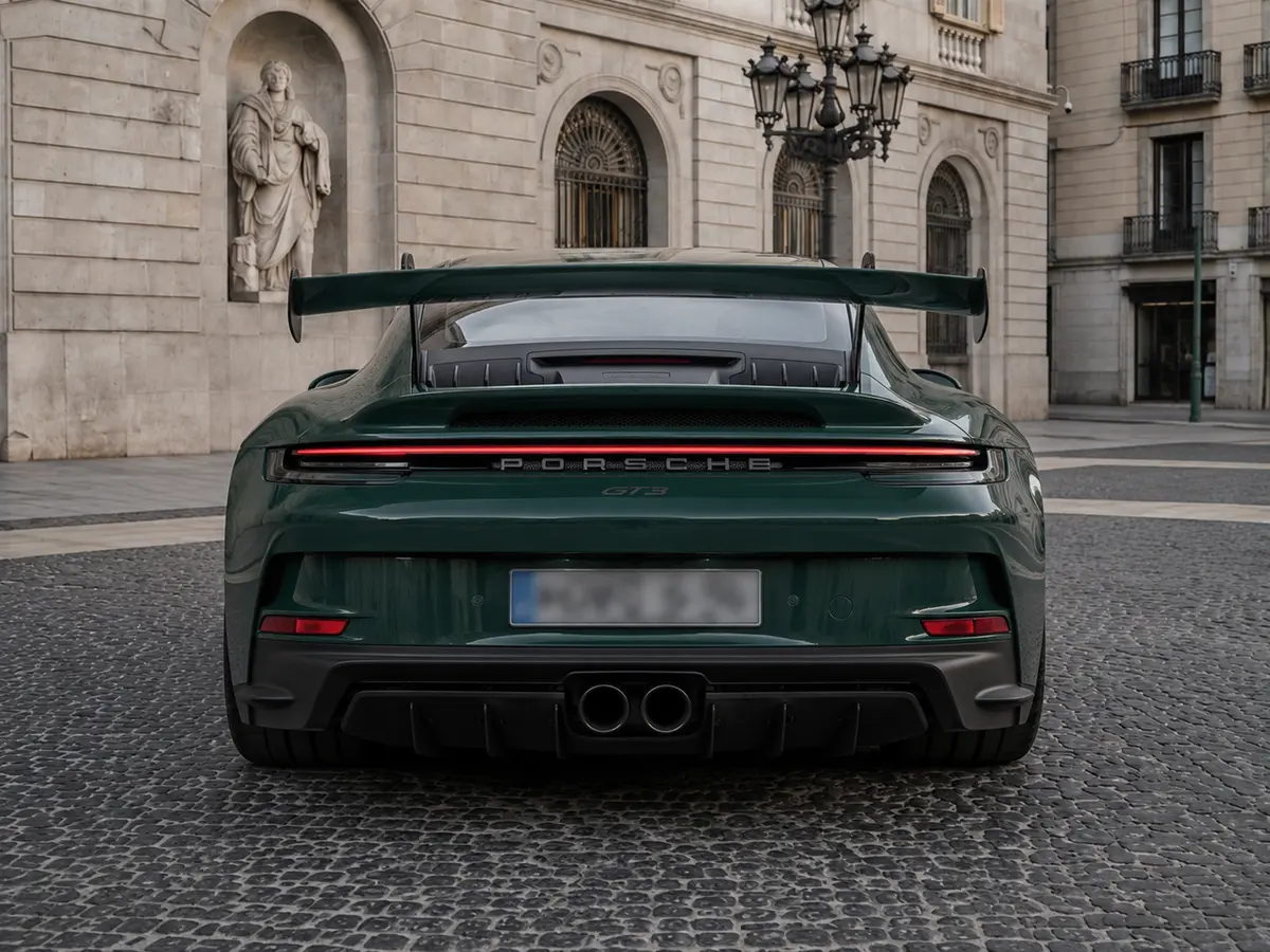 Porsche 911 GT3 2026, rear view — Lisbon Luxury Car Rental, Lisbon. The 2026 Porsche 911 GT3 is built for drivers who want to feel every input translate…