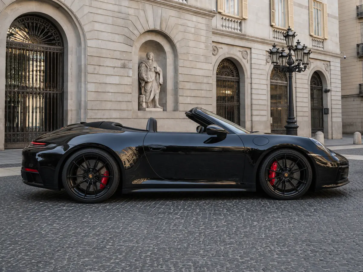 Porsche 992 Carrera 4 GTS Cabrio 2024, front view — Lisbon Luxury Car Rental, Lisbon. The Porsche 992 Carrera 4 GTS Cabrio pairs a 480 hp flat-six with all-wheel drive, a…