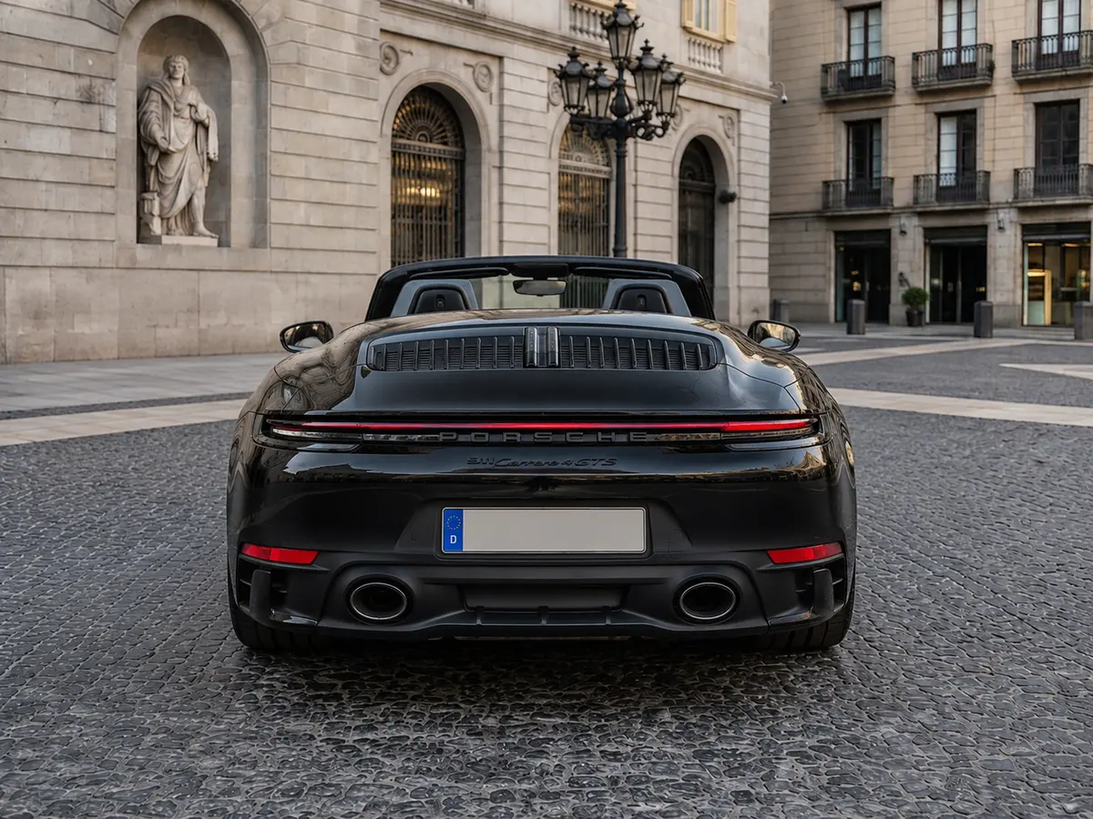 Porsche 992 Carrera 4 GTS Cabrio 2024, rear view — Lisbon Luxury Car Rental, Lisbon. The Porsche 992 Carrera 4 GTS Cabrio pairs a 480 hp flat-six with all-wheel drive, a…