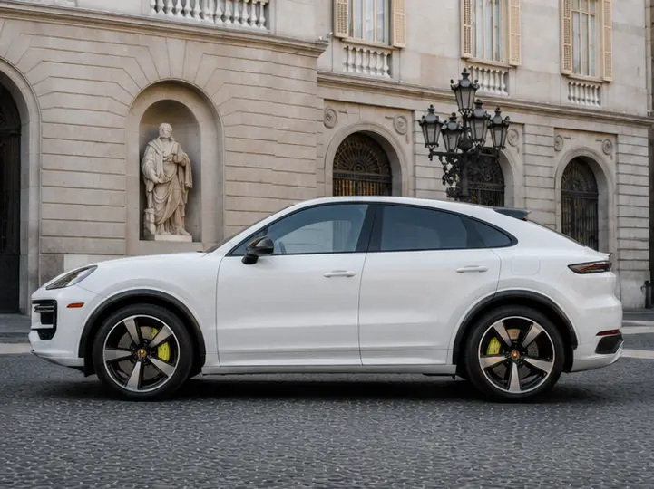 Porsche Cayenne Turbo E-Hybrid Coupé GT 2026, exterior — Lisbon Luxury Car Rental, Lisbon. The 2026 Porsche Cayenne Turbo E-Hybrid Coupé GT pairs 739 hp with a coupé roofline, a…