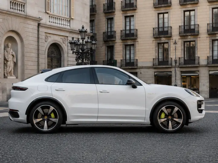 Porsche Cayenne Turbo E-Hybrid Coupé GT 2026, front view — Lisbon Luxury Car Rental, Lisbon. The 2026 Porsche Cayenne Turbo E-Hybrid Coupé GT pairs 739 hp with a coupé roofline, a…