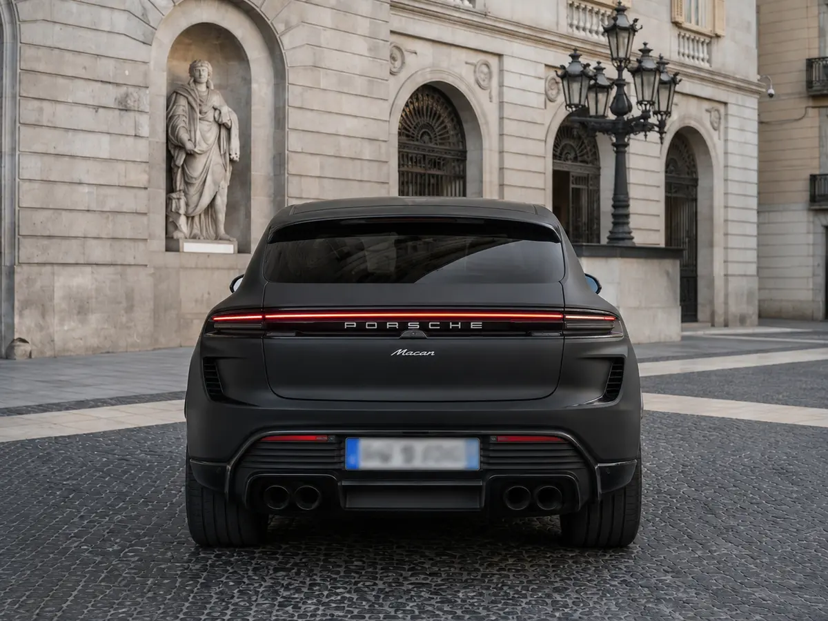 Porsche Macan 2024, rear view — Lisbon Luxury Car Rental, Lisbon. The 2024 Porsche Macan brings a compact, well-balanced footprint to a segment often…