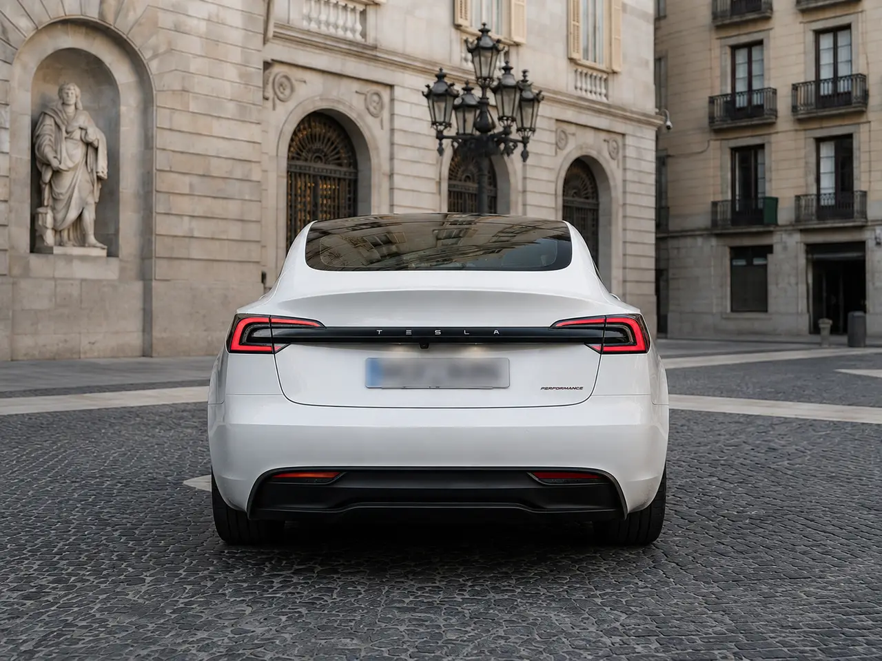 Tesla Model 3 Performance 2026, rear view — Lisbon Luxury Car Rental, Lisbon. The 2026 Tesla Model 3 Performance pairs 510 hp with the instant, uninterrupted torque…