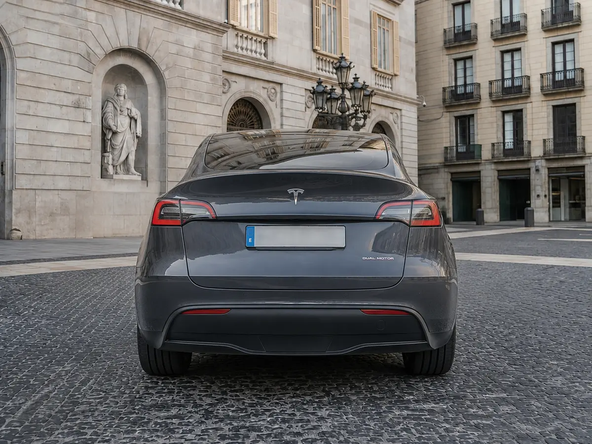 Tesla Model Y Long Range 2023, rear view — Lisbon Luxury Car Rental, Lisbon. The 2023 Tesla Model Y Long Range drives differently from the rest of the fleet:…